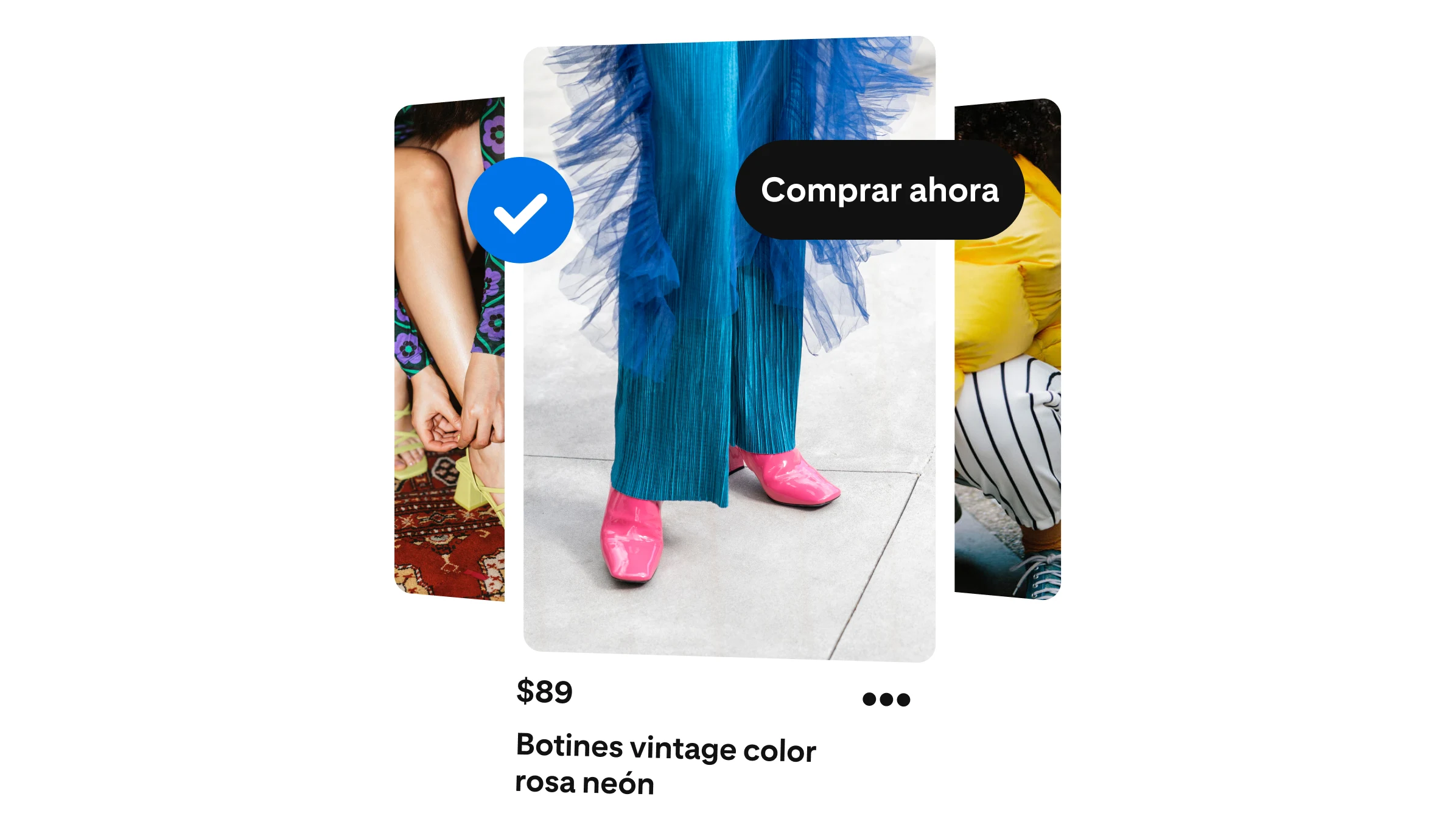 Un anuncio en el que se muestran pantalones azules y zapatos rosados con el que se alienta a las personas a comprar.