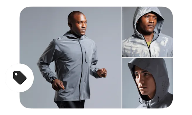 Pinterest board preview with three images featuring two Black men and a White man, all in grey workout gear, with a shopping tag on the left side.