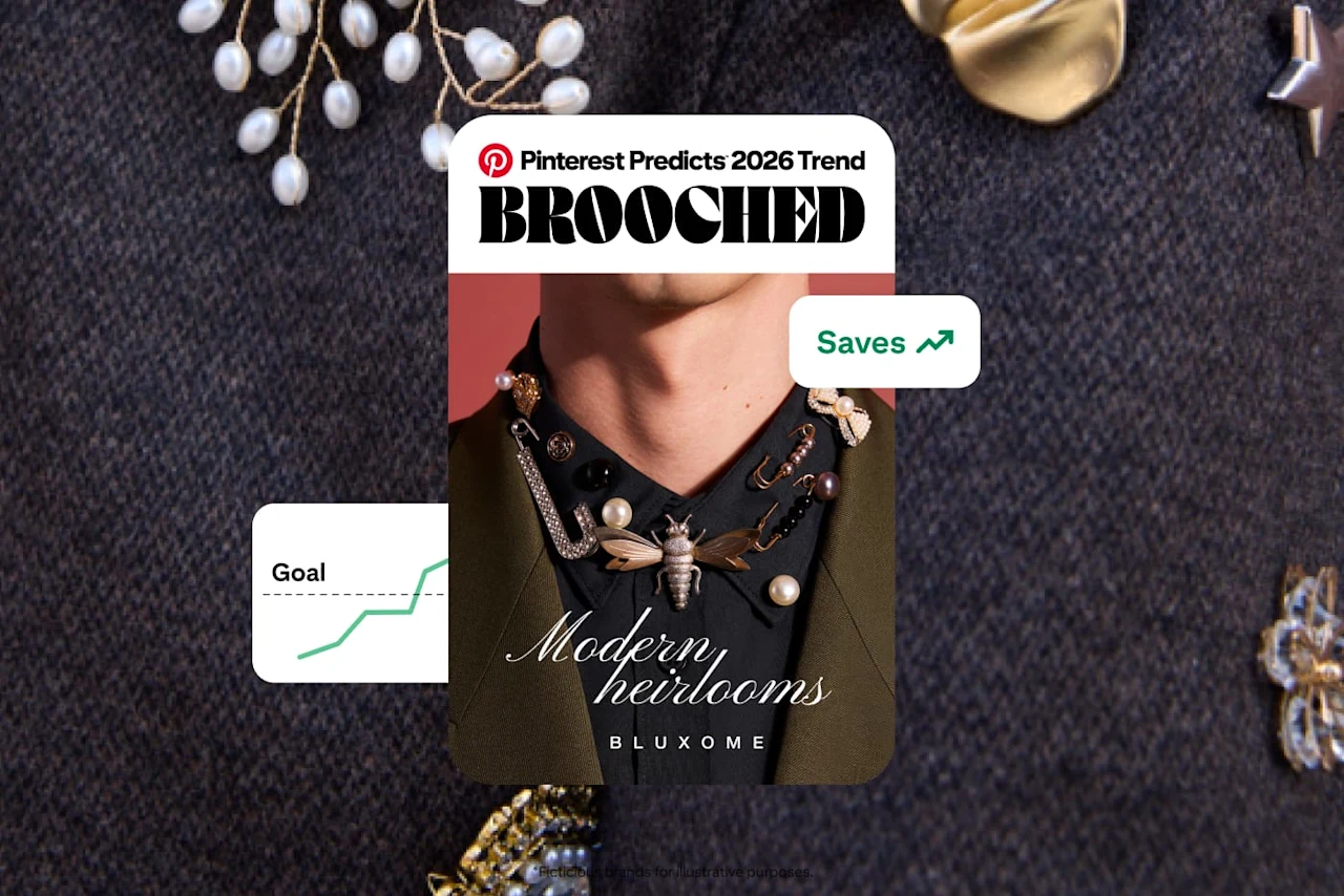 An example Pin for the Brooched trend shows a closeup of a man’s shirt collar with multiple brooches. It’s against a fabric background with more brooches, as well as a graphic for increasing saves and a line graph showing a goal being exceeded.
