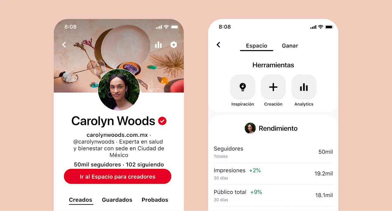 Vista móvil del perfil de Carolyn Woods, junto con una vista de la pestaña de rendimiento del espacio para creadores