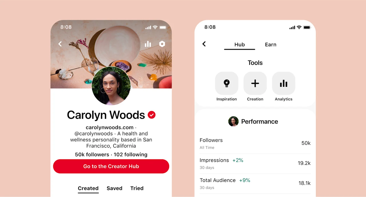 Mobile view of a profile for Carolyn Woods, along with a view of the performance tab of the creator hub