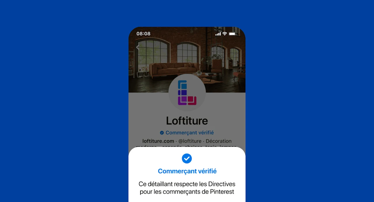 Pin on a blue background for a brand called Bluxome, featuring a light pink scarf draped across a white chair and including values-based badges: eco-friendly, inclusive and invested in good