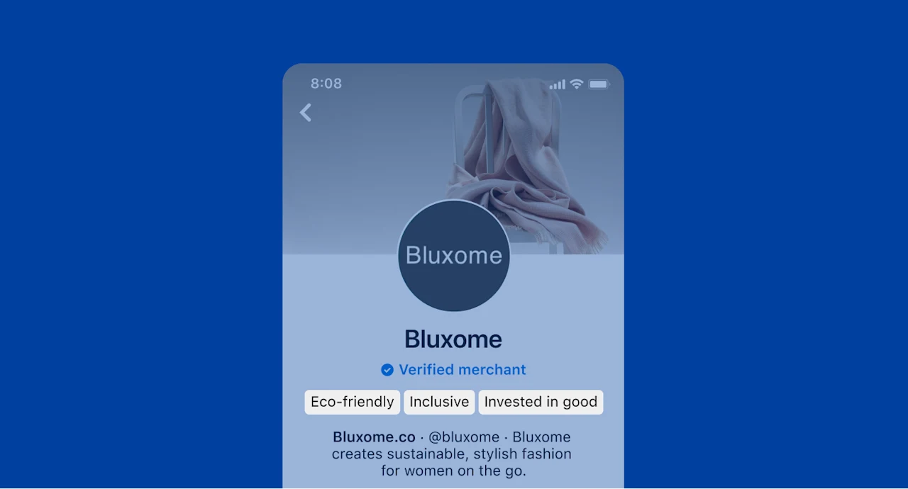 Pin on a blue background for a brand called Bluxome, featuring a light pink scarf draped across a white chair and including values-based badges: eco-friendly, inclusive and invested in good