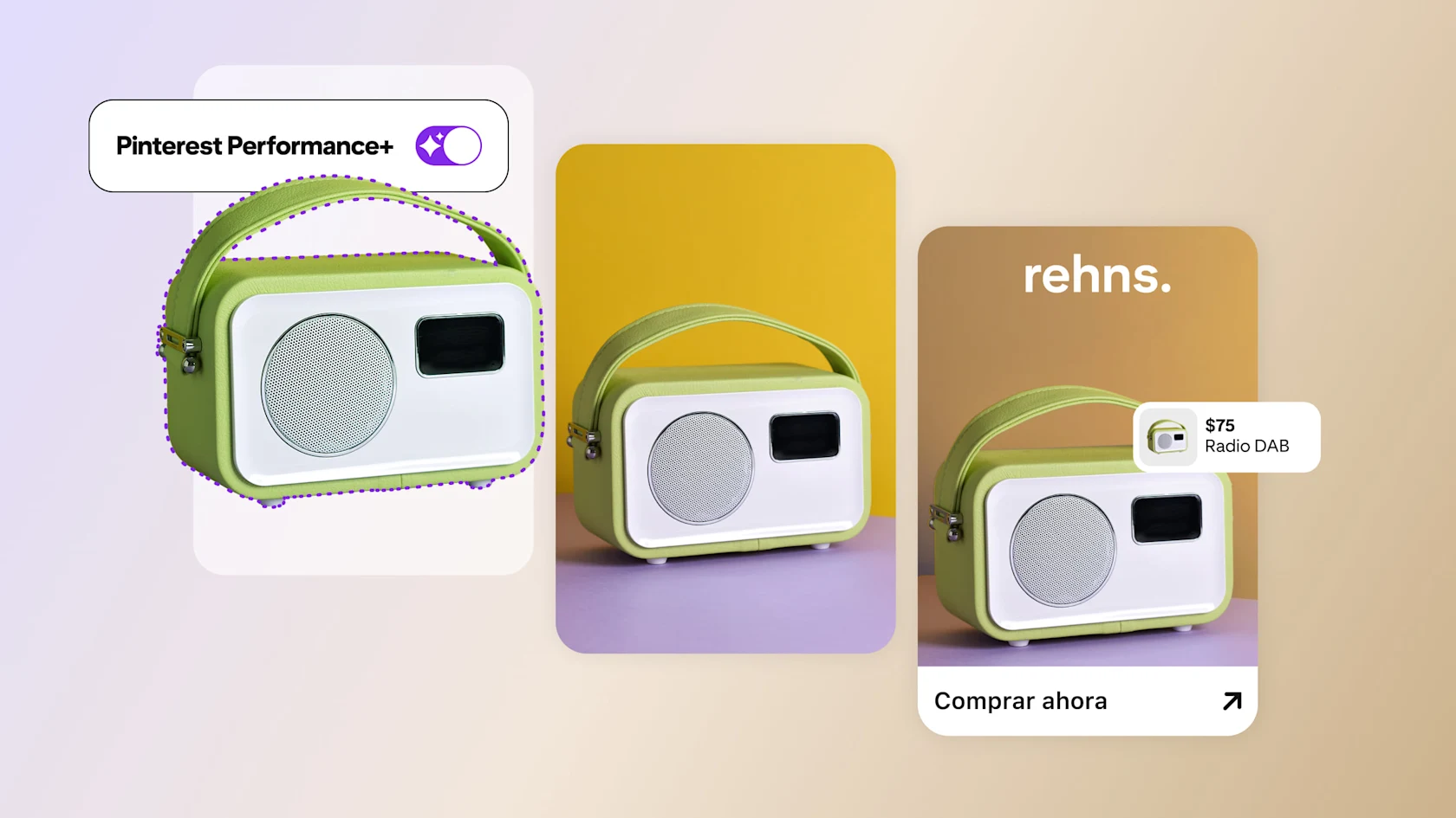 En la imagen, se muestra un anuncio simulado optimizado con Performance+ de Pinterest.
