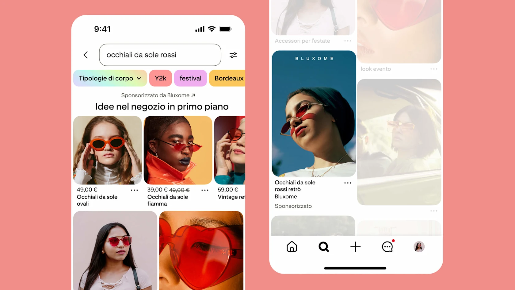 Due schermate di un telefono che mostrano i posizionamenti degli annunci Top of Search nei risultati di ricerca di Pinterest.