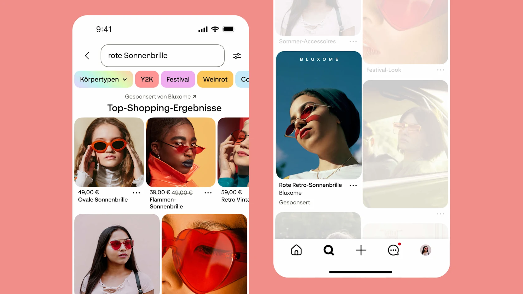 Zwei Smartphone-Bildschirme, auf denen Platzierungen von Top-of-Search-Anzeigen in den Pinterest-Suchergebnissen gezeigt werden.
