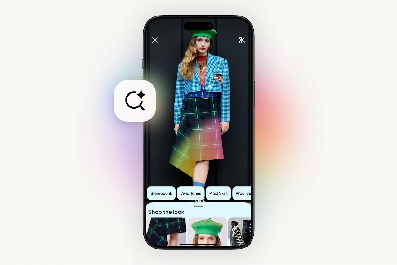 A woman in a tartan skirt, blue blazer and green beret, with related words and images underneath.