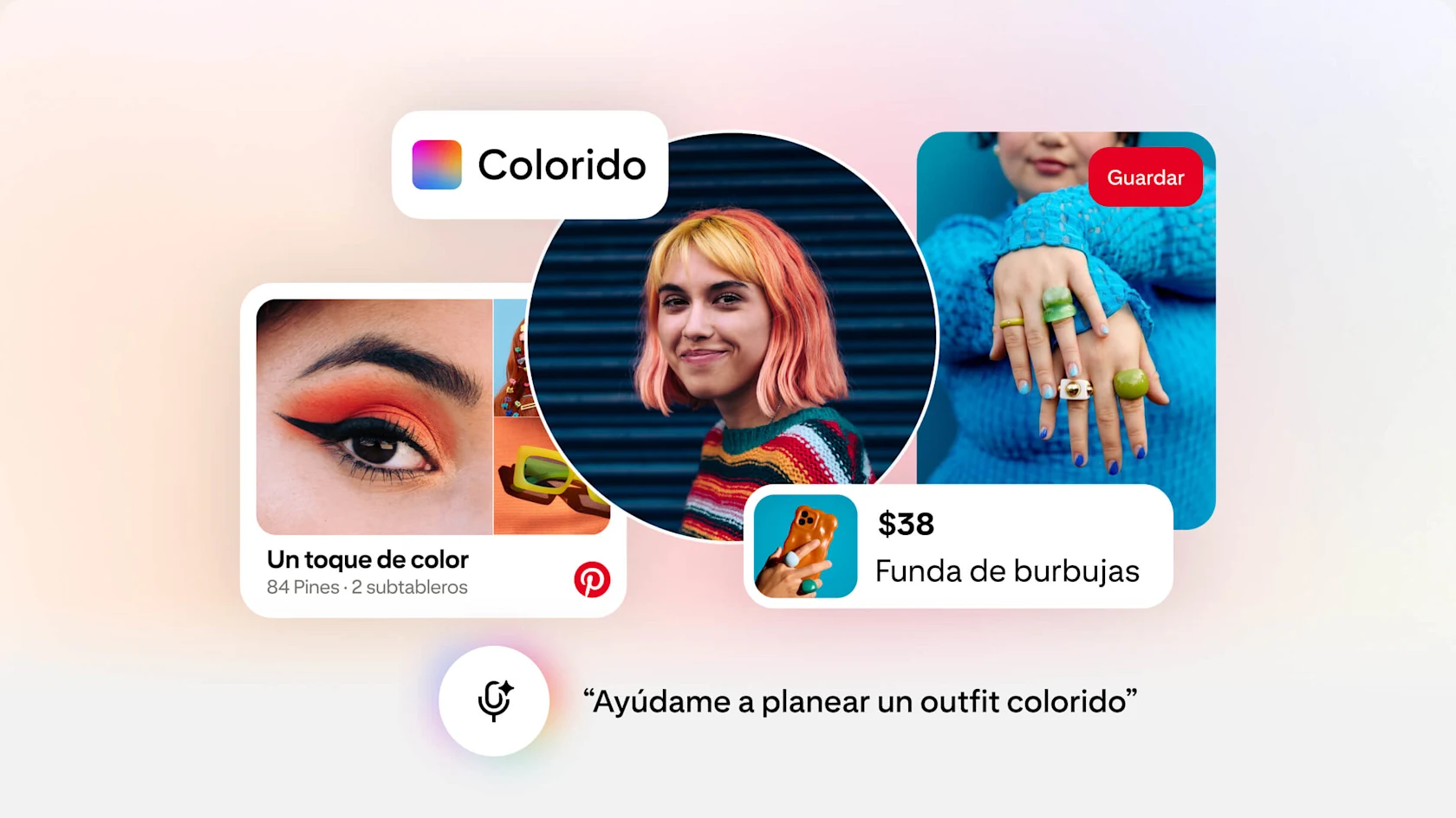 Un mensaje al Asistente de Pinterest que dice “Ayúdame a planear un outfit colorido” y en el que se muestran Pines relevantes, imágenes y un tablero llamado “Un toque de color”.