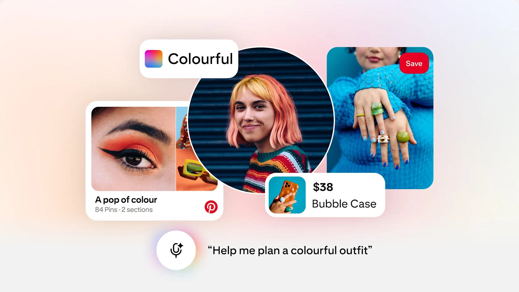 A Pinterest Assistant prompt says “Help me plan a colorful outfit” and shows relevant Pins, images and a board called “A pop of color”.