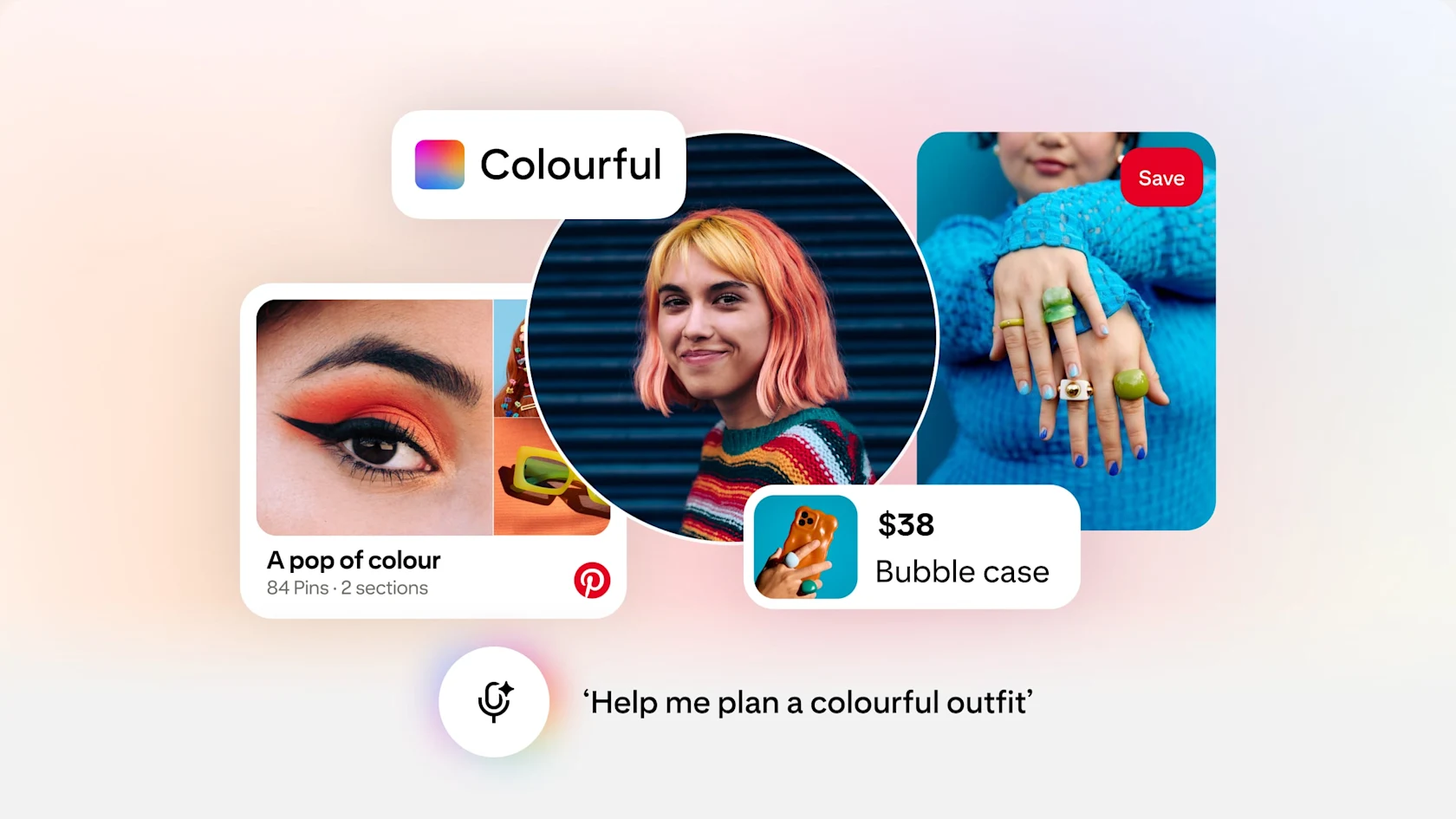 A Pinterest Assistant prompt says ‘Help me plan a colourful outfit’ and shows relevant Pins, images and a board called ‘A pop of colour’.