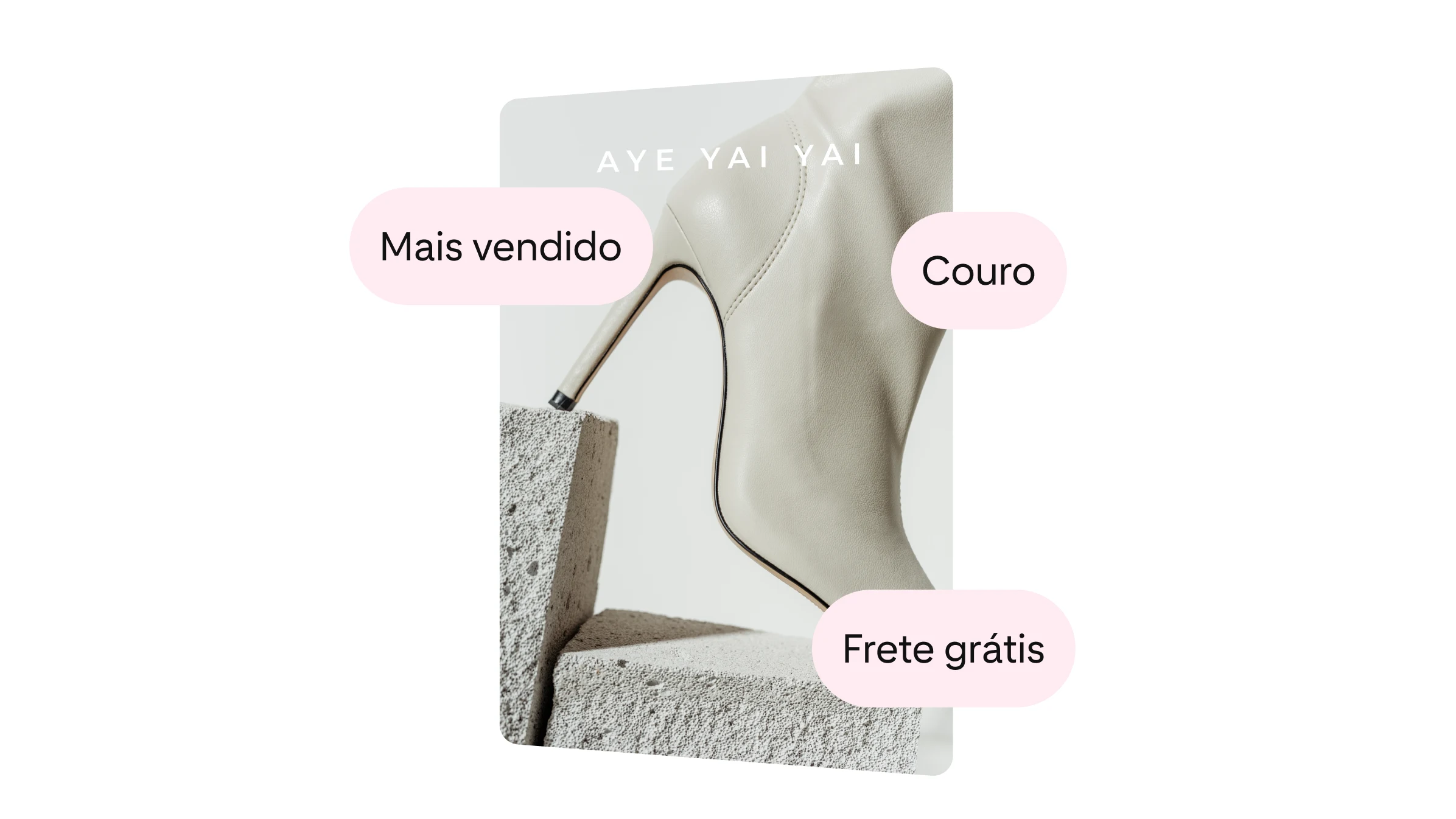 AYE YAI YAI promove suas botas brancas de couro. Um texto indica que o produto está entre os mais vendidos e que o frete é grátis.