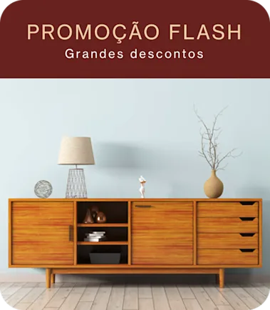 Pin de um armário de arrumação moderno de meados do século com uma lâmpada decorativa e um vaso, com as palavras: promoção relâmpago, grandes descontos