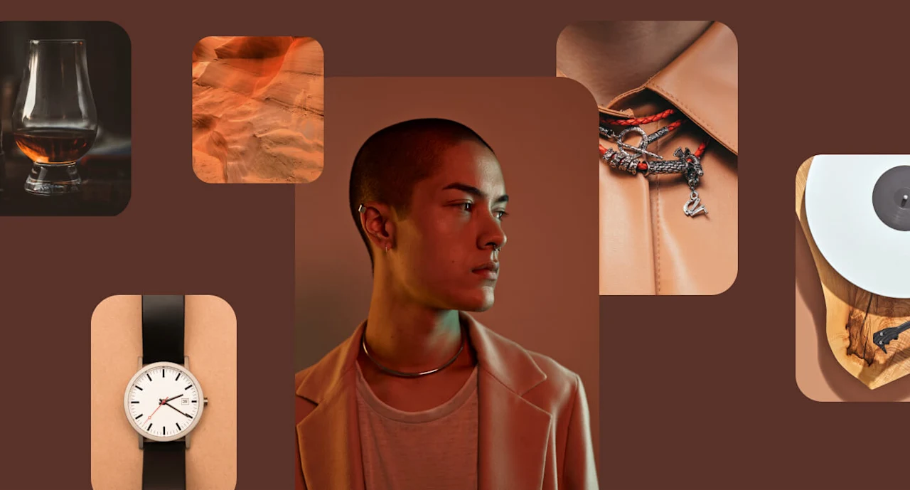 A selection of Pinterest Pins featuring men’s luxury items such as fashion, jewellery and watches, all in shades of gold, black and brown.