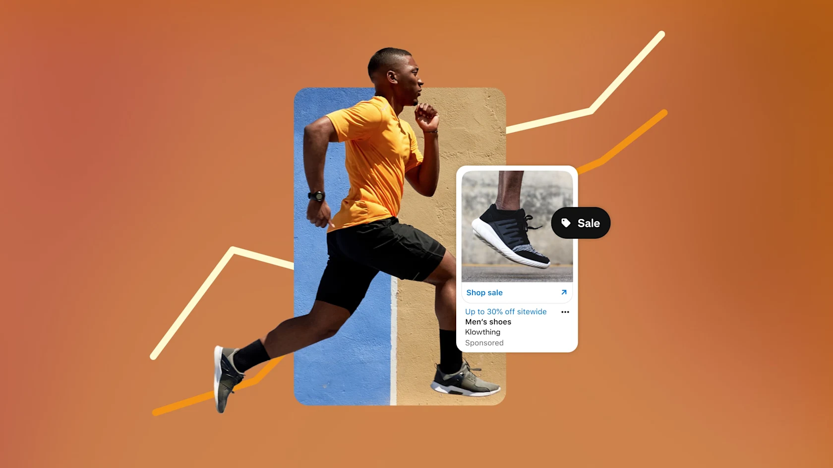 Male running in orange t-shirt and black shorts. Zoomed in image of running shoes on sale.