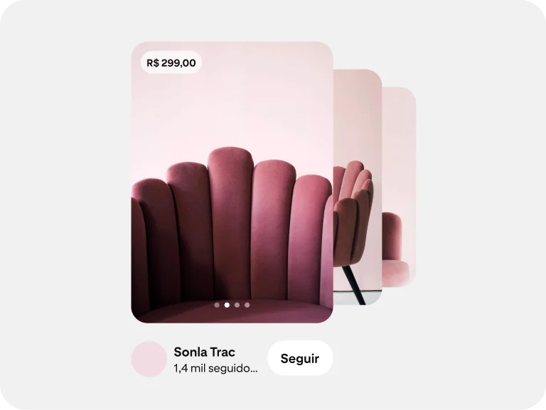 Anúncio de carrossel mostra vários tipos de cadeiras na cor rosa com informações sobre a marca. 