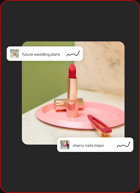 Trend graphs labeled “future wedding plans” and “cherry nails inspo” show next to red lipstick and a hair clip