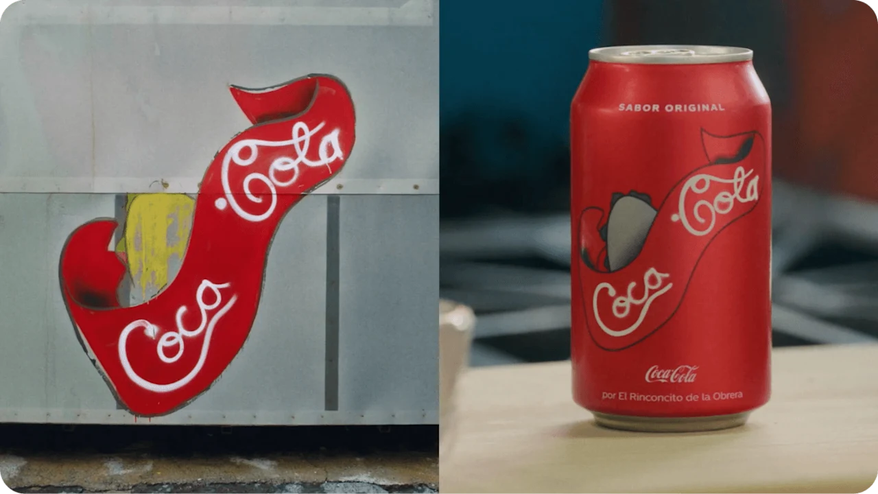 A photo of the Coca-Cola logo hand-painted on a wall, next to a photo of a  Coca-Cola can.