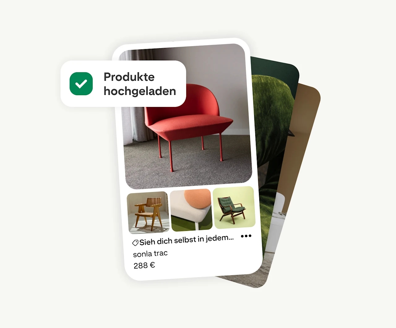 Pinterest-Katalog-Anzeige: roter Sessel für 288 € mit drei Stuhl-Vorschaubildern. Oben links: Bestätigungs-Badge „Produkte hochgeladen" – veranschaulicht die Katalog-Upload-Funktion von Pinterest.