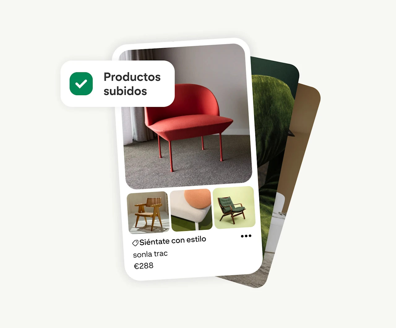 Anuncio de catálogo de Pinterest: sillón rojo a €288 con tres miniaturas de sillas. Esquina superior izquierda: insignia "Productos cargados" — ilustra la función de carga de catálogos de Pinterest.