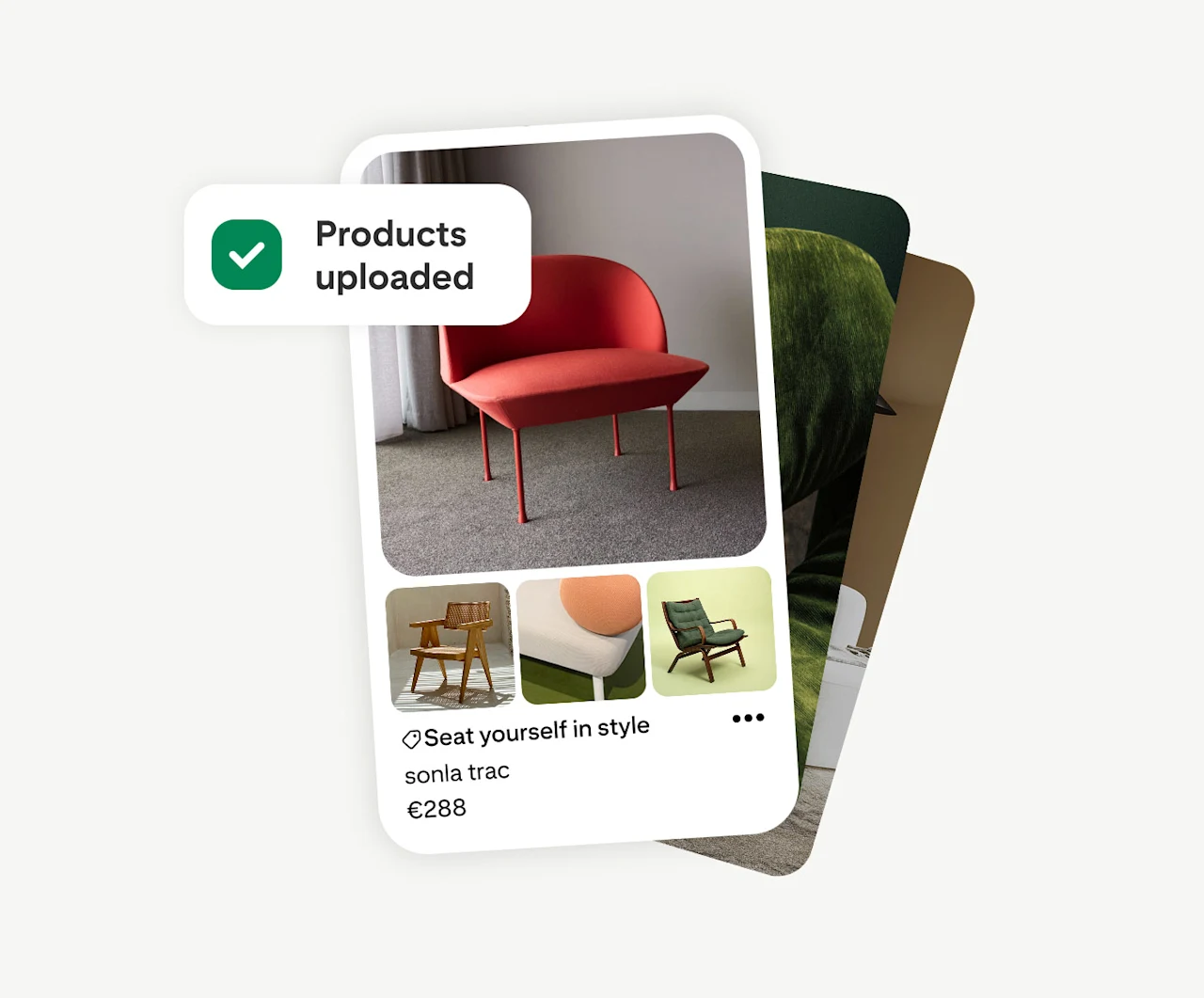 A Pinterest catalog ad showing a red armchair priced at €288, with three additional chair thumbnails below. A "Products uploaded" confirmation badge appears in the top left, illustrating Pinterest's catalog upload feature.