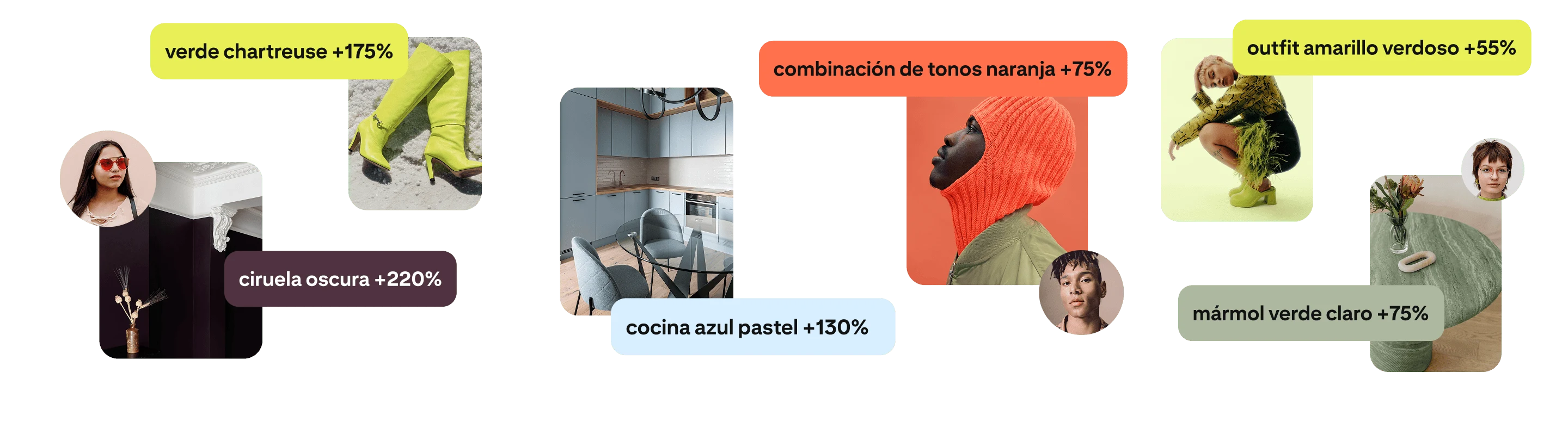 Un collage de términos de búsqueda como “atuendo color verde amarillo” y “combo de uñas naranja”, con imágenes relacionadas sobre un fondo blanco.