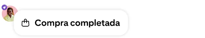 Notificación de compra completada con un ícono de bolso de compras, un avatar de usuario y una insignia morada de tecnología de IA