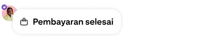Pemberitahuan pembayaran selesai dengan ikon beg beli-belah, avatar pengguna dan lencana berkuasa AI warna ungu