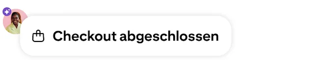Eine Benachrichtigung über einen abgeschlossenen Checkout mit einem Einkaufstaschen-Symbol, einem Profilbild und einem lilafarbenen Badge mit dem Text „KI-gestützt“