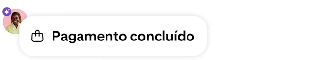 Uma notificação de conclusão de pagamento com um ícone de carrinho de compras, um avatar do utilizador e um distintivo roxo com tecnologia de IA