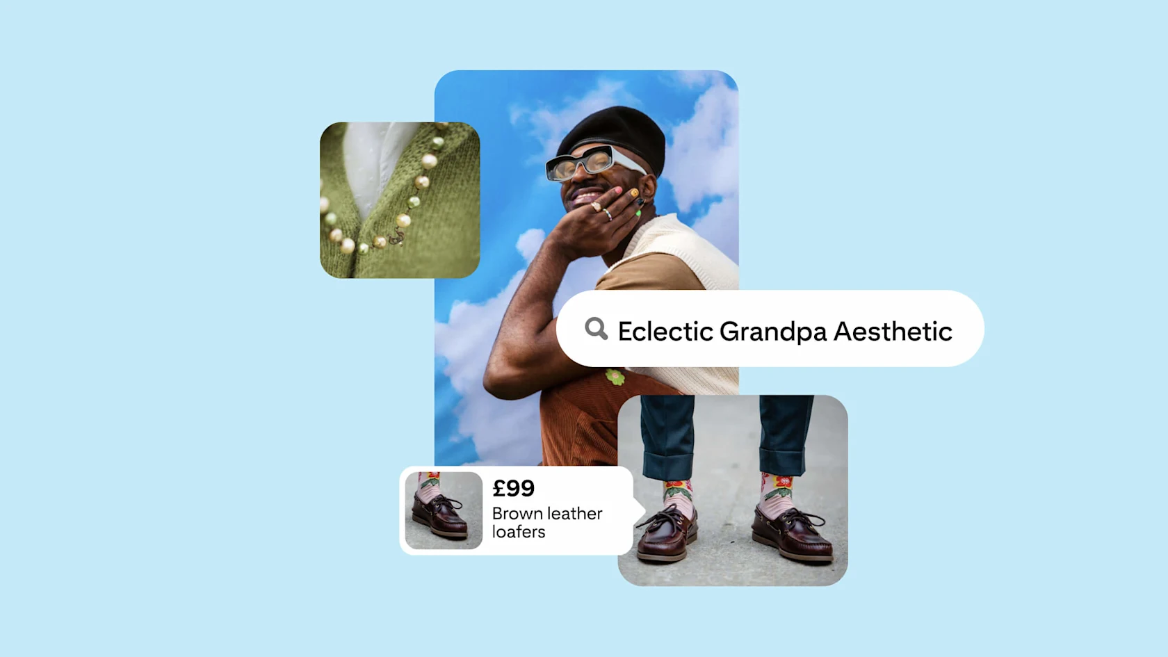 Collage for 'Eclectic Grandpa Aesthetic' on Pinterest. Main image: stylish man in cap and glasses smiling. Insets: pearl necklace, brown leather loafers priced at £99. Background is light blue.
