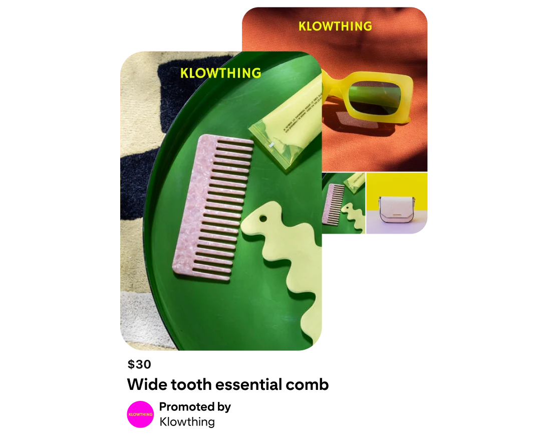Dwa promowane Piny przedstawiające różne akcesoria do włosów i ciała, takie jak grzebienie, okulary słoneczne i torby.