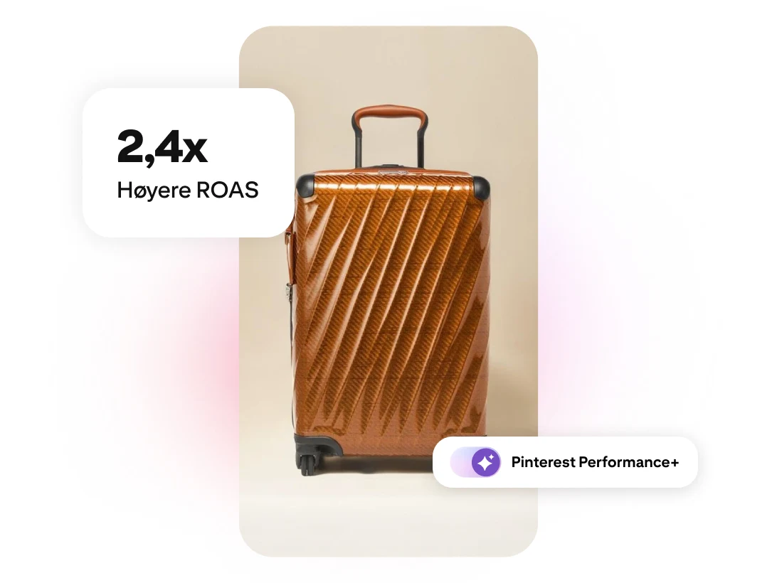 En brun hard koffert med en 2,4x høyere ROAS-etikett og en Pinterest Performance+-etikett