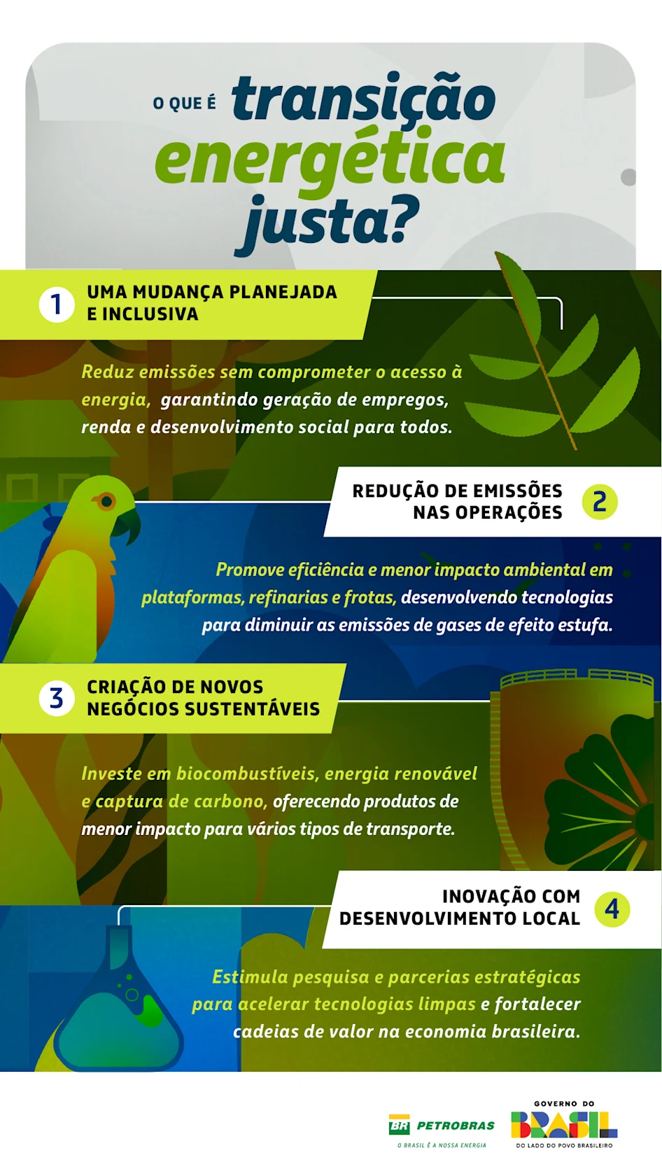 Colorful infographic titled "O que é transição energética justa?" Four steps with illustrations: a leaf, gear, wind turbine, and parrot. Tone is informative.
