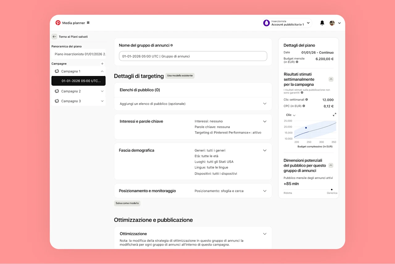 Una schermata del Media planner mostra i dettagli sul targeting, i risultati stimati e altro ancora.