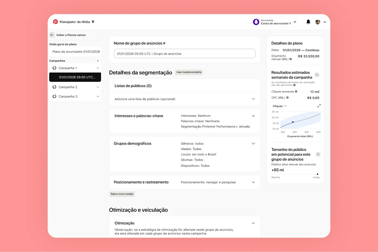 Captura de tela do Planejador de Mídia do Pinterest mostra dados de segmentação, estimativas de resultados e mais.
