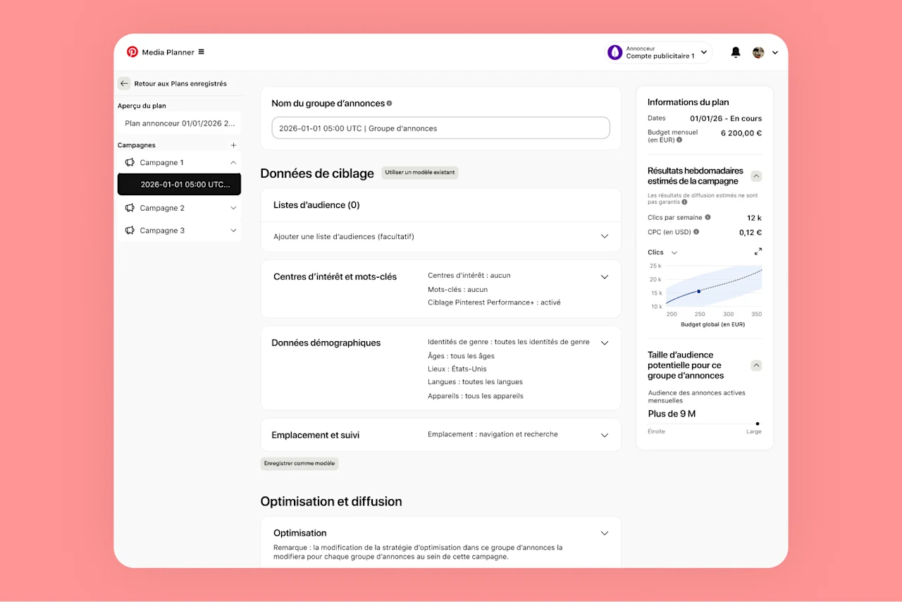 Capture d’écran du Planificateur de médias de Pinterest affichant les données de ciblage, les résultats estimés et bien plus encore.
