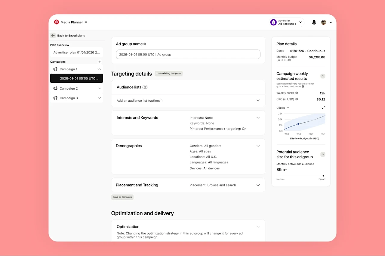 A screenshot of the Media Planner displays targeting details, estimated results and more.