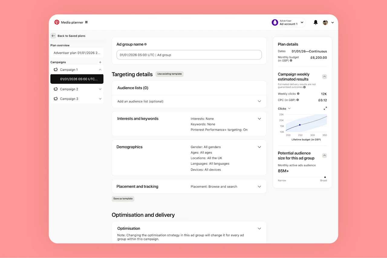 A screenshot of the Media Planner displays targeting details, estimated results and more.