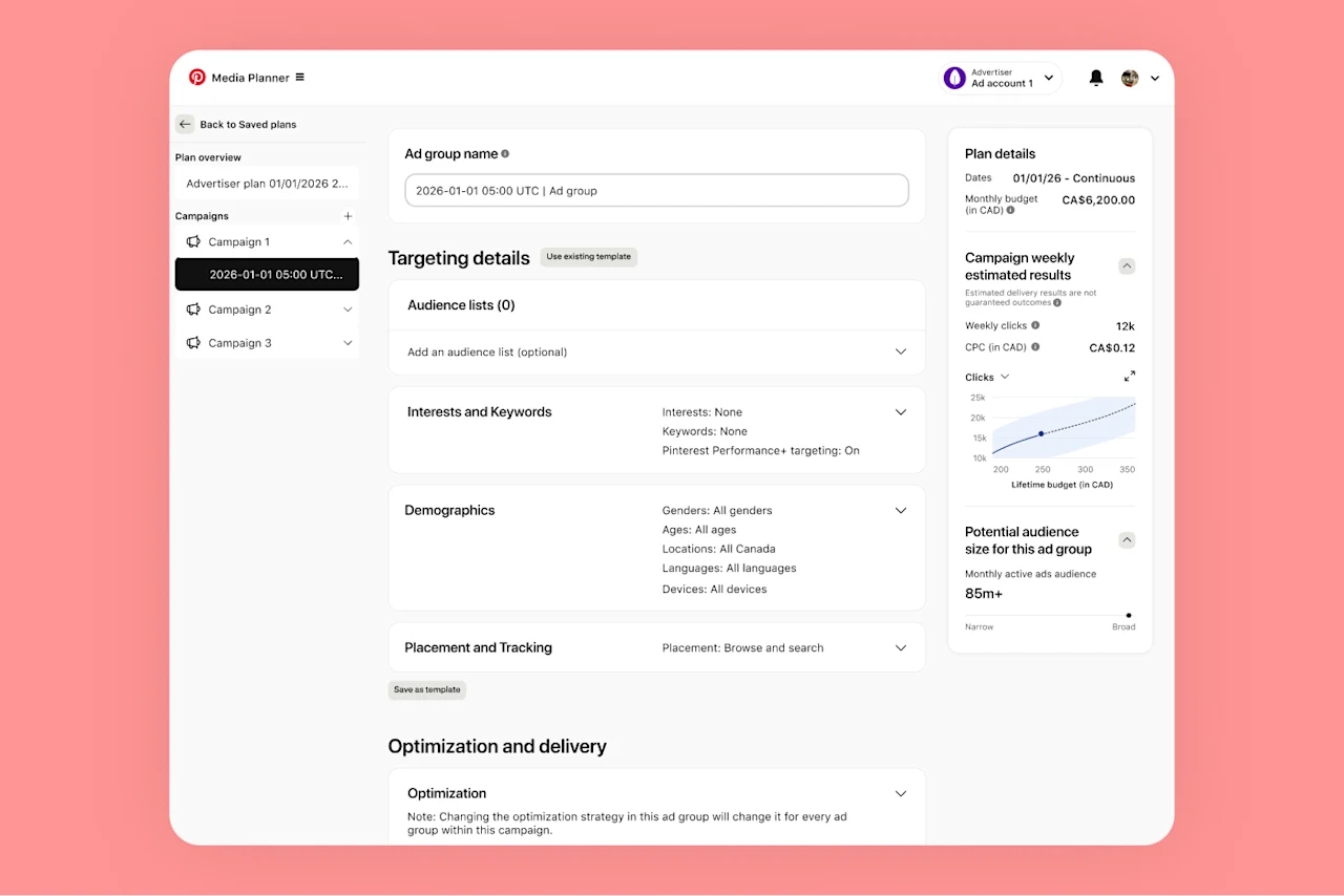 A screenshot of the Media Planner displays targeting details, estimated results and more.