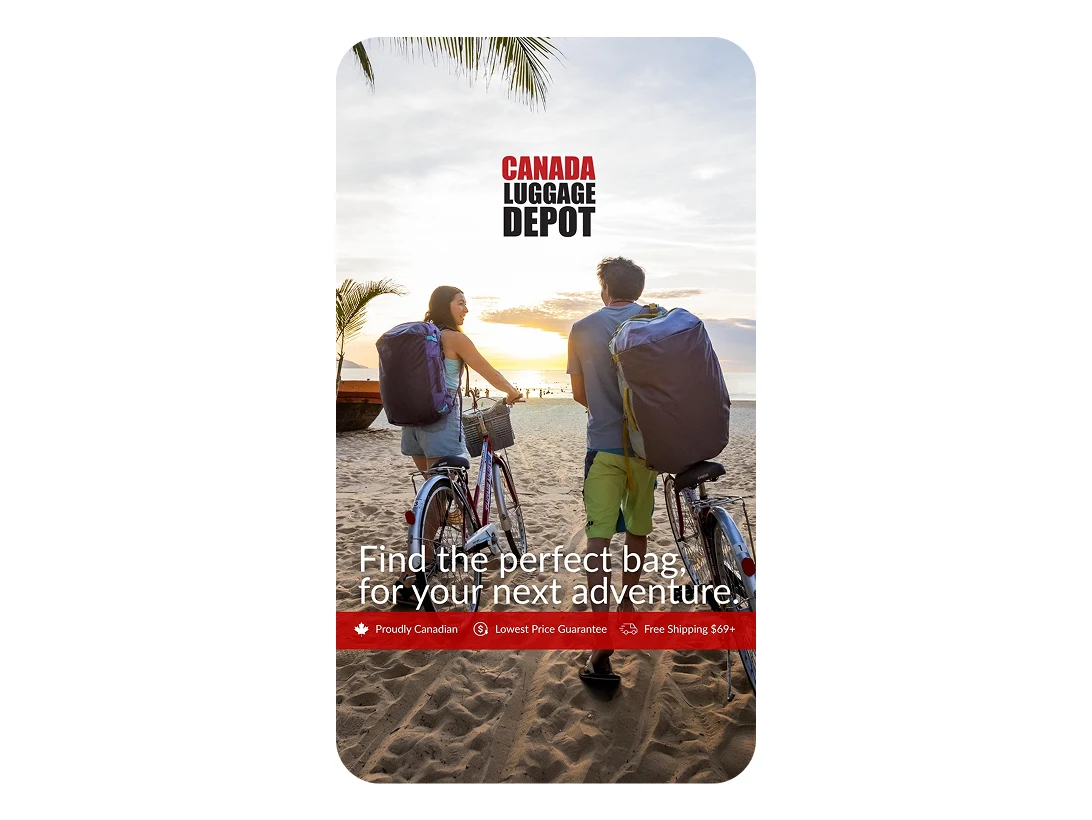 An ad for Canada Luggage Depot showing two people walking their bikes along a beach at sunset with large backpacks and the tagline “Find the perfect bag for your next adventure.