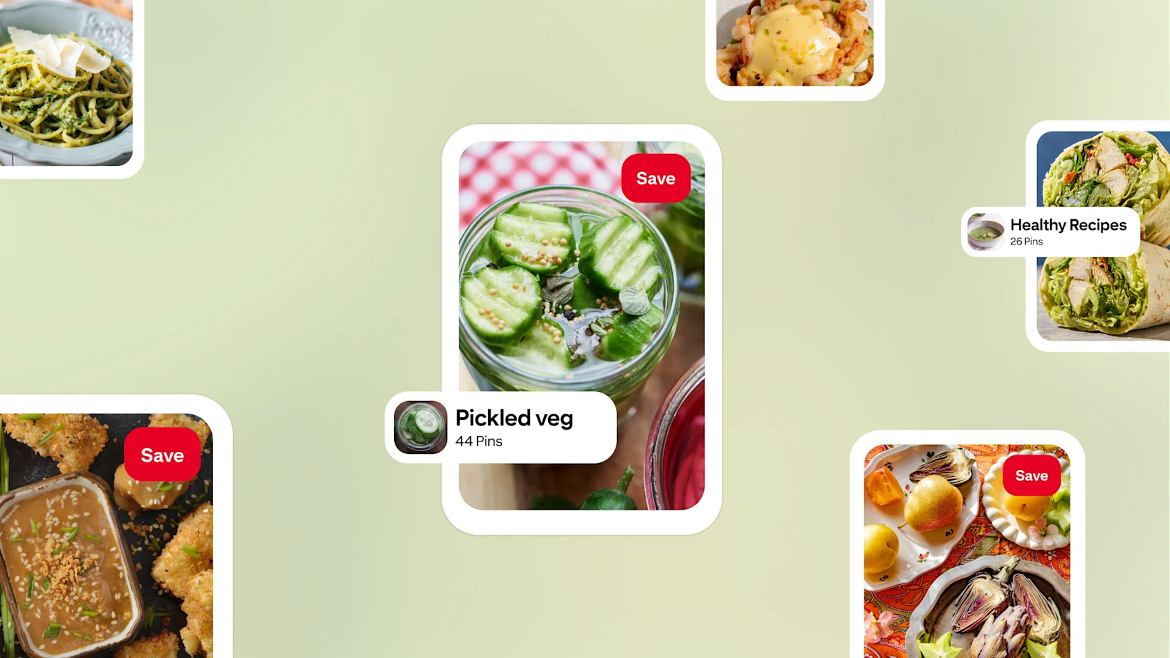 A collage of Pinterest recipe Pins, featuring dishes like pickled vegetables, pasta, salads and fresh fruit, on a light green background with “Save” buttons and board labels highlighted.
