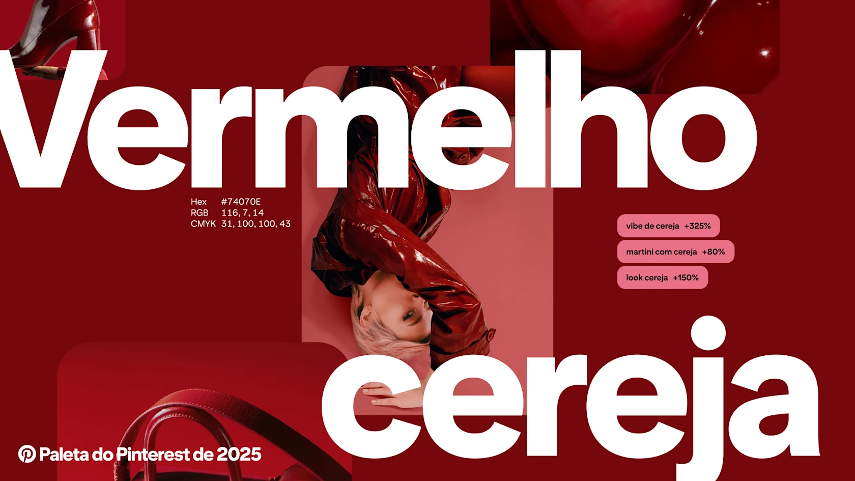 As palavras "vermelho cereja" aparecem com Pins vermelhos e termos de pesquisa do Pinterest.