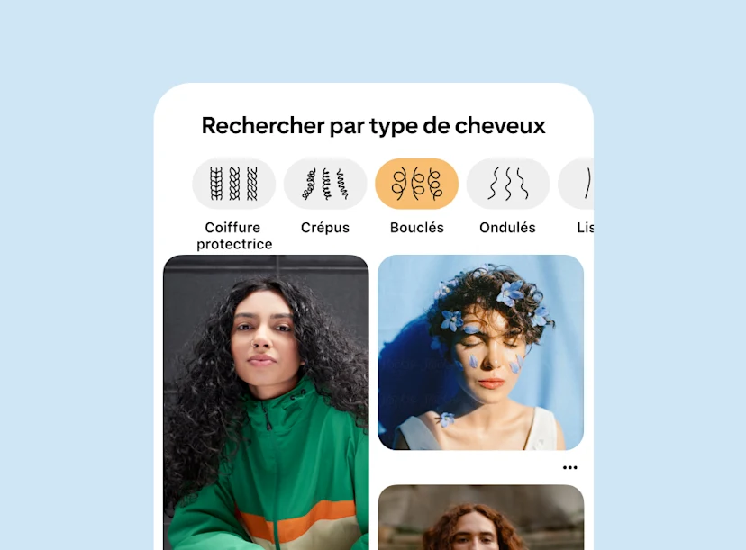 Page des filtres pour la texture des cheveux avec des Épingles montrant trois personnes aux cheveux bouclés.