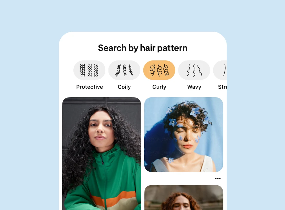 The hair texture filter page with Pins showing three people with curly hair textures. 