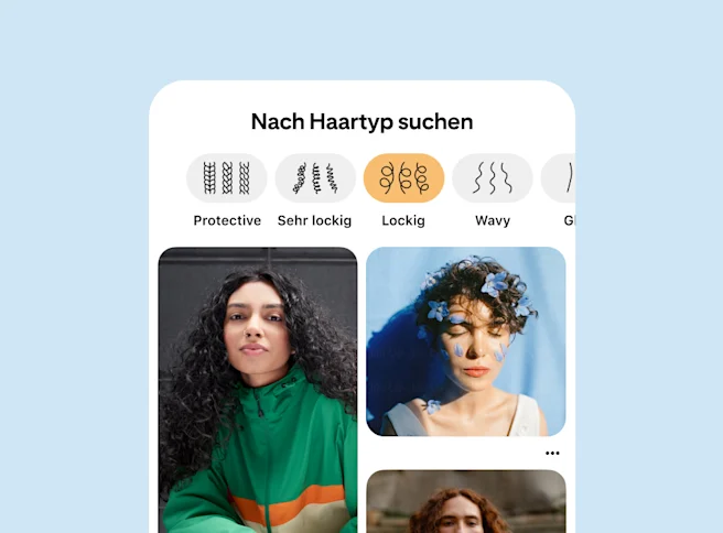 Die Haartyp-Filterseite mit Pins, die drei Personen mit lockigem Haar zeigen.