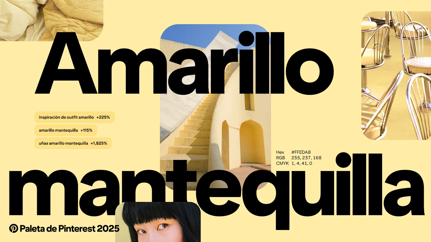 Las palabras “Amarillo mantequilla” están superpuestas sobre un fondo amarillo pálido con ejemplos de Pines y términos de búsqueda de Pinterest.