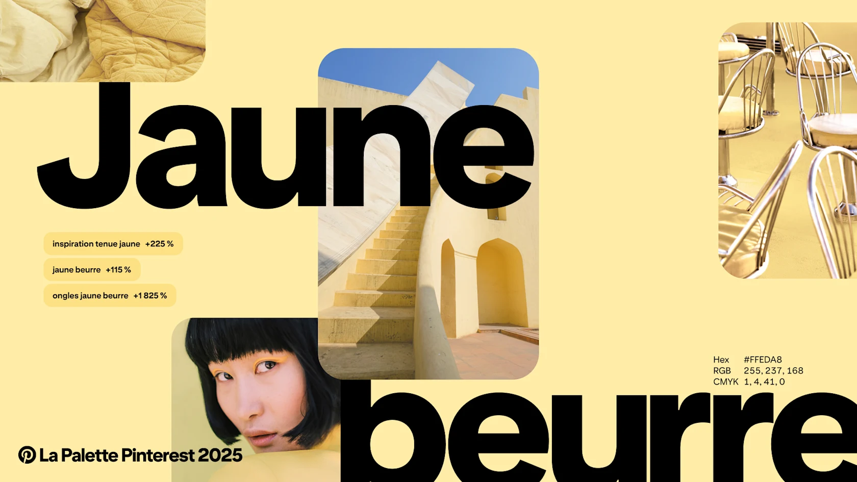 Terme « Jaune beurre » superposé sur un fond jaune pâle avec des exemples d’Épingles et de termes de recherche Pinterest.