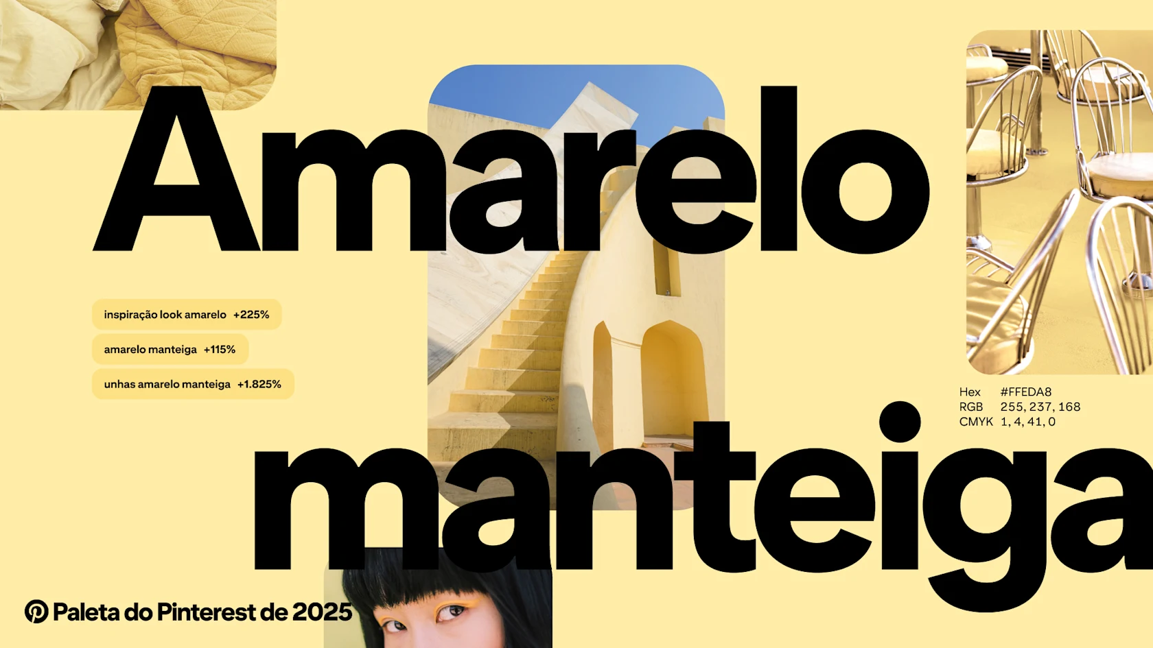 As palavras "amarelo manteiga" aparecem sobre um fundo amarelo claro com exemplos de Pins e termos de pesquisa do Pinterest.