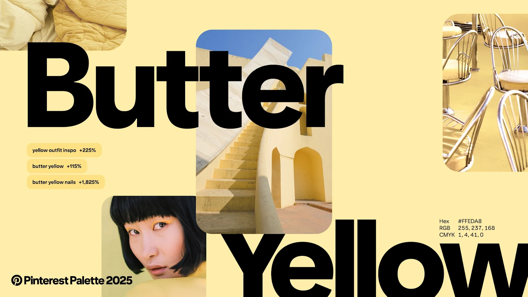 The words “Butter Yellow” are superimposed on a pale yellow background with sample Pins and Pinterest search terms.
