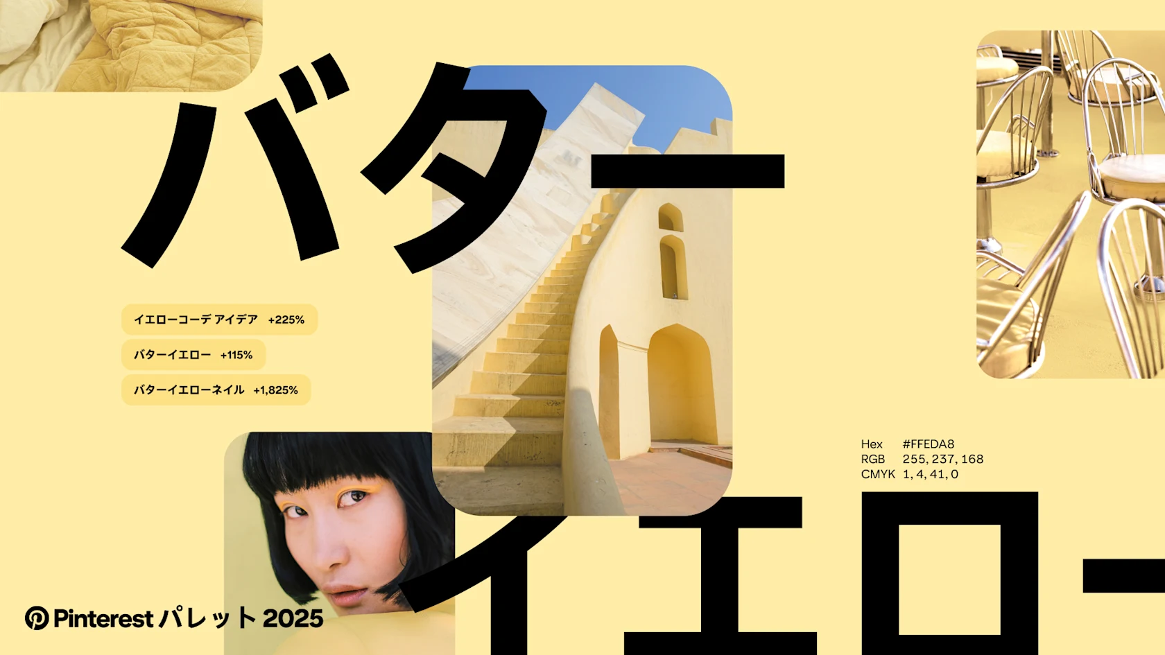 「バターイエロー」というワードが、サンプルピンと Pinterest 検索キーワードとともに淡いイエローの背景に重ね合わされている。